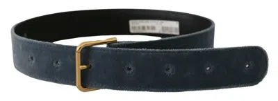 Dolce & Gabbana Navy Blue Velvet Gold Metal Logo Waist Buckle Belt In Blue