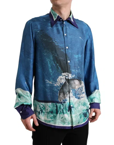 Dolce & Gabbana Blue Ocean Print Silk Collared Button Down Shirt In Blue