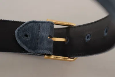 Dolce & Gabbana Navy Blue Velvet Gold Metal Logo Waist Buckle Belt In Blue