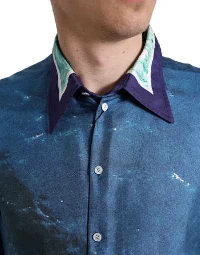 Dolce & Gabbana Blue Ocean Print Silk Collared Button Down Shirt In Blue