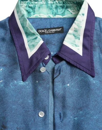Dolce & Gabbana Blue Ocean Print Silk Collared Button Down Shirt In Blue