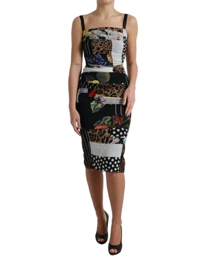Dolce & Gabbana Multicolor Pachwork Midi Floral Silk Leopard Bodycon Dress In Multi