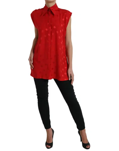 Dolce & Gabbana Red Polka Dot Sleeveless Collared Blouse Top In Red