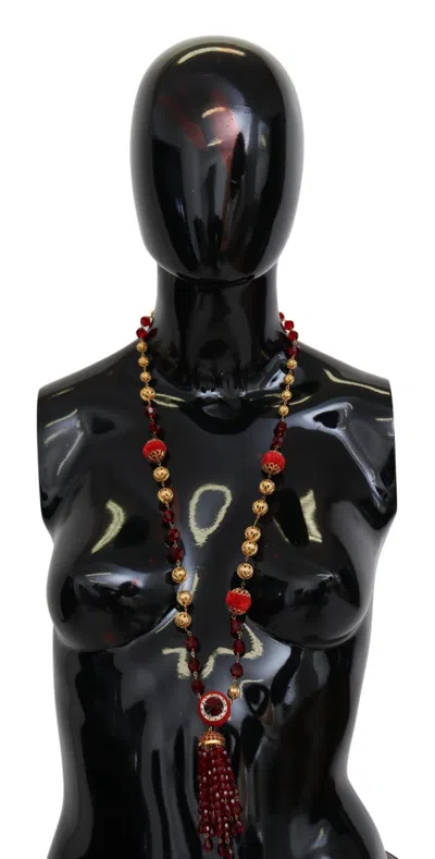 Dolce & Gabbana Gold Tone Brass Red Crystals Pendant Opera Chain  Necklace In Gold