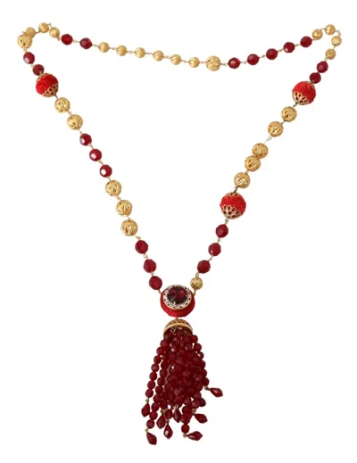 Dolce & Gabbana Gold Tone Brass Red Crystals Pendant Opera Chain  Necklace In Gold