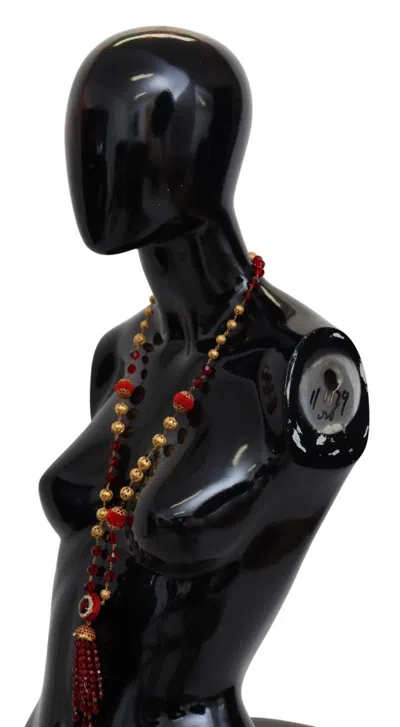 Dolce & Gabbana Gold Tone Brass Red Crystals Pendant Opera Chain  Necklace In Gold