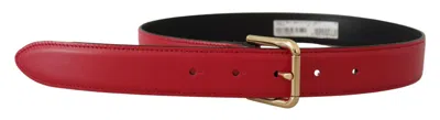 Dolce & Gabbana Red Calf Leather Gold Tone Logo Metal Buckle Belt In Red