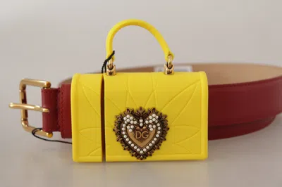 Dolce & Gabbana Red Leather Yellow Devotion Heart Bag Buckle Belt In Red