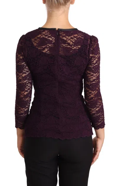 Dolce & Gabbana Purple Lace Long Sleeve Top Blouse In Brown
