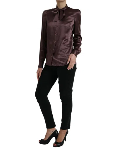 Dolce & Gabbana Brown Silk Ascot Collar Long Sleeve Blouse Top In Purple