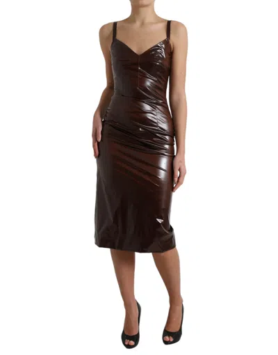 Dolce & Gabbana Brown Shiny Silk Sheath Sleeveless Bodycon Midi Dress In Brown