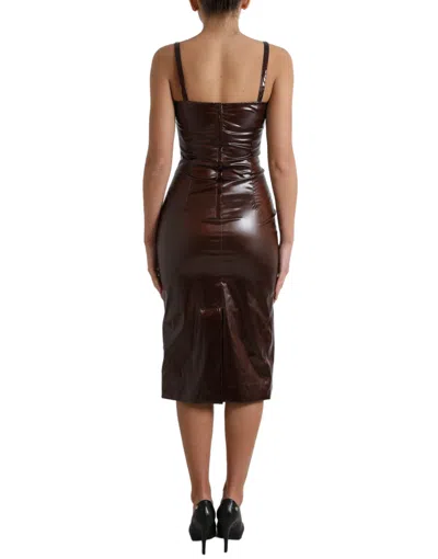 Dolce & Gabbana Brown Shiny Silk Sheath Sleeveless Bodycon Midi Dress In Brown