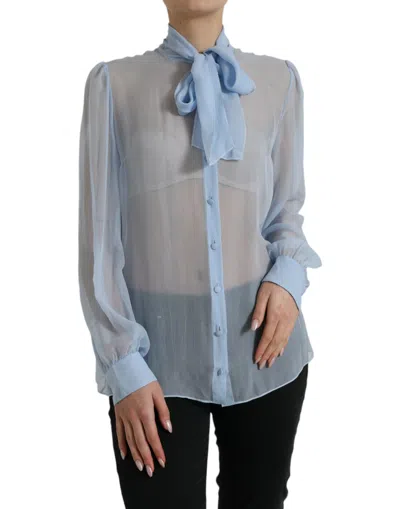 Dolce & Gabbana Light Blue Silk Ascot Collar Long Sleeves Blouse Top In Blue