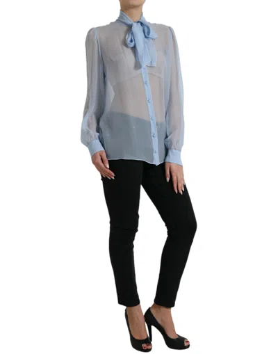 Dolce & Gabbana Light Blue Silk Ascot Collar Long Sleeves Blouse Top In Blue