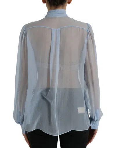 Dolce & Gabbana Light Blue Silk Ascot Collar Long Sleeves Blouse Top In Blue