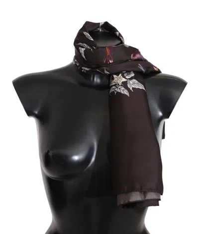 Dolce & Gabbana Brown 100% Silk Bird Print Wrap 80cm X 95cm Rrp Scarf In Black