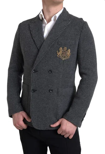 Dolce & Gabbana Gray Logo Embroidery Double Breasted Blazer In Gray