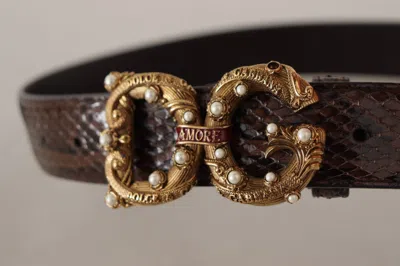 Dolce & Gabbana Brown Amore Animal Print Exotic Leather Logo Buckle Belt In Brown