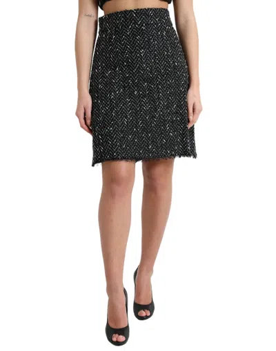 Dolce & Gabbana Black Wool Knit Tweed High Waist Mini Skirt In Black