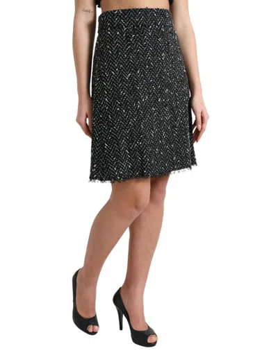 Dolce & Gabbana Black Wool Knit Tweed High Waist Mini Skirt In Black