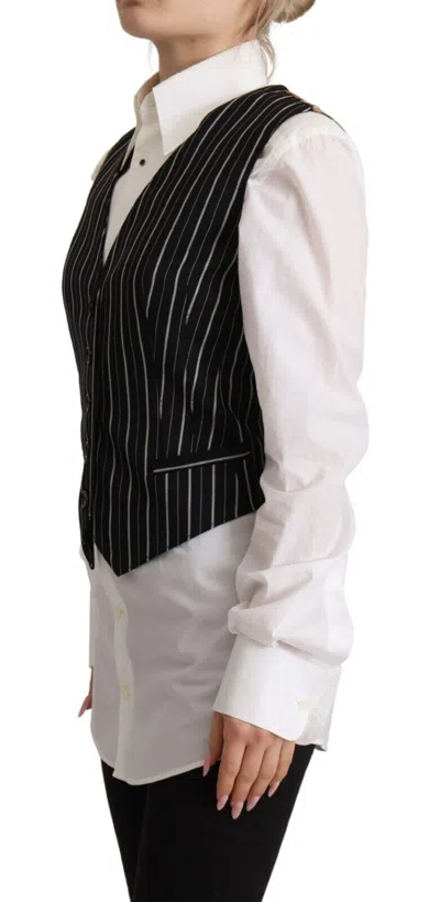 Dolce & Gabbana Black Stripes Wool V-neck Sleeveless Button Vest Top In Black