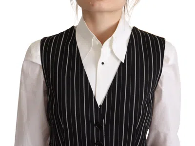 Dolce & Gabbana Black Stripes Wool V-neck Sleeveless Button Vest Top In Black
