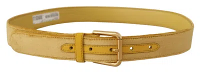 Dolce & Gabbana Yellow Velvet Gold Metal Logo Engraved Buckle Belt In Gold