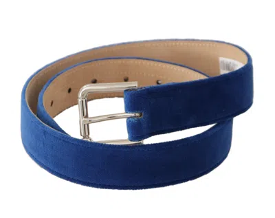 Dolce & Gabbana Blue Velvet Silver Logo Engraved Metal Buckle Belt In Blue