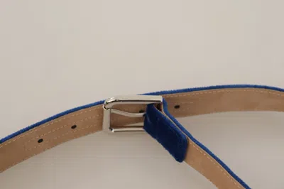 Dolce & Gabbana Blue Velvet Silver Logo Engraved Metal Buckle Belt In Blue