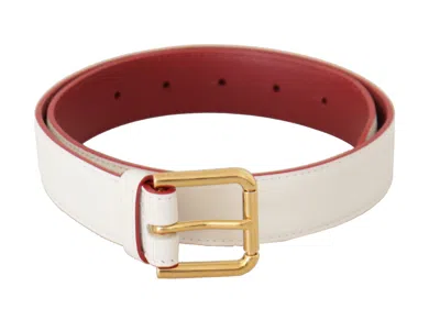 Dolce & Gabbana White Calf Leather Two-toned Gold Metal Buckle Belt In White