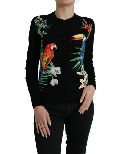 Dolce & Gabbana Black Bird Wool Long Sleeve Cardigan Sweater In Black