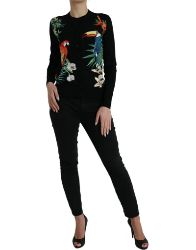 Dolce & Gabbana Black Bird Wool Long Sleeve Cardigan Sweater In Black