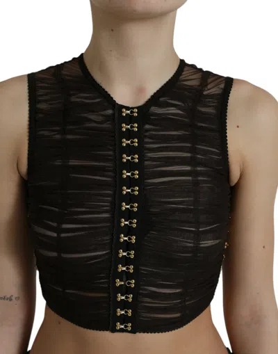 Dolce & Gabbana Brown Embellished Nylon Stretch Cropped Top In Blue