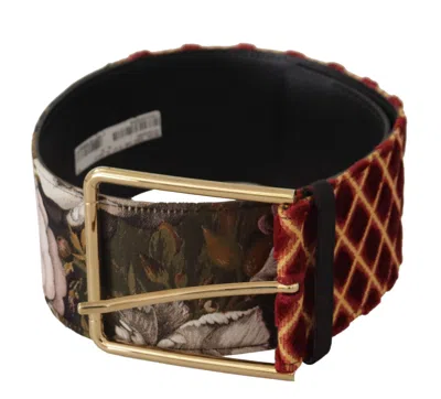 Dolce & Gabbana Multicolor Wide Leather Floral Gold Metal Buckle Belt In Brown