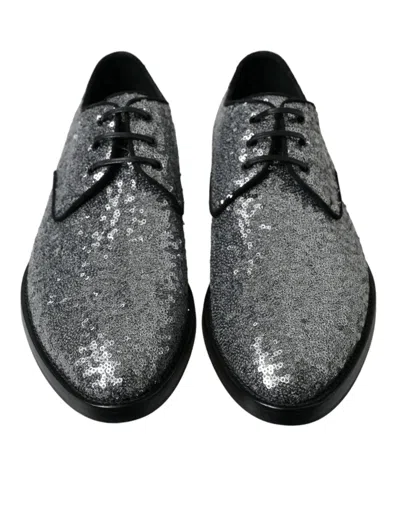 Dolce & Gabbana Silver Sequined Lace Up Men Derby Dress Shoes In Gray