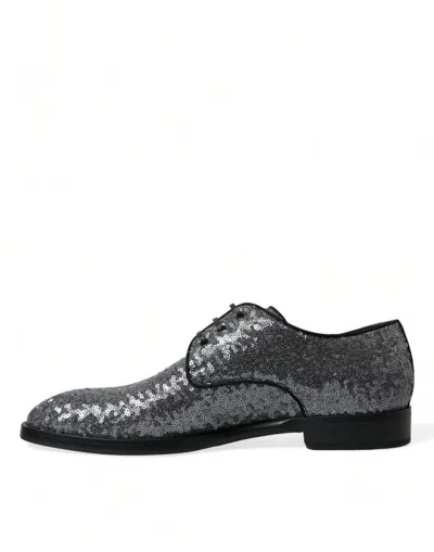 Dolce & Gabbana Silver Sequined Lace Up Men Derby Dress Shoes In Gray