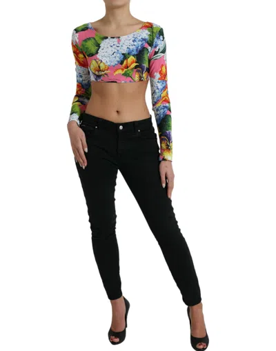 Dolce & Gabbana Multicolor Floral Long Sleeves Cropped Top In Pink