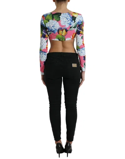 Dolce & Gabbana Multicolor Floral Long Sleeves Cropped Top In Pink
