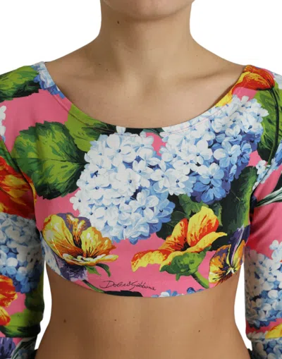 Dolce & Gabbana Multicolor Floral Long Sleeves Cropped Top In Pink