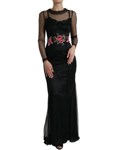 Dolce & Gabbana Black Floral Embroidery Mesh Tulle Gown Dress In Black