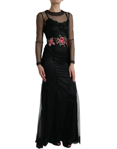 Dolce & Gabbana Black Floral Embroidery Mesh Tulle Gown Dress In Black