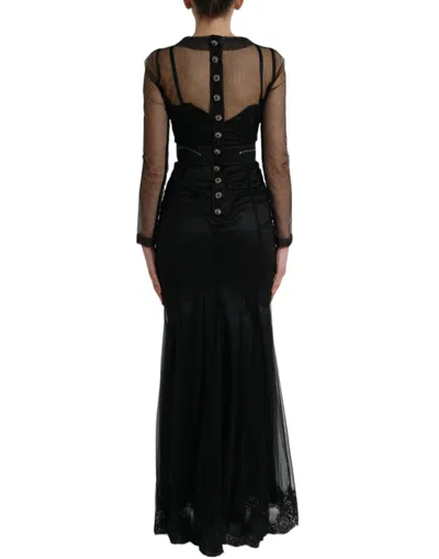 Dolce & Gabbana Black Floral Embroidery Mesh Tulle Gown Dress In Black