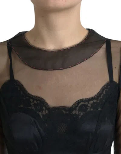 Dolce & Gabbana Black Floral Embroidery Mesh Tulle Gown Dress In Black