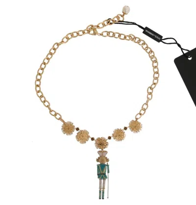 Dolce & Gabbana Gold Brass Handpainted Crystal Floral Necklace In Gold