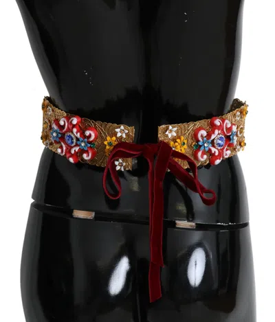 Dolce & Gabbana Embellished Floral Crystal Wide Waist Golden Belt In Gold