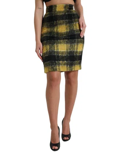 Dolce & Gabbana Yellow Black Brushed Checked Wool Pencil Cut Skirt In Yellow