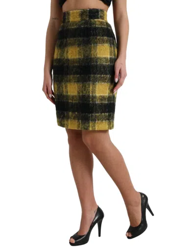 Dolce & Gabbana Yellow Black Brushed Checked Wool Pencil Cut Skirt In Yellow