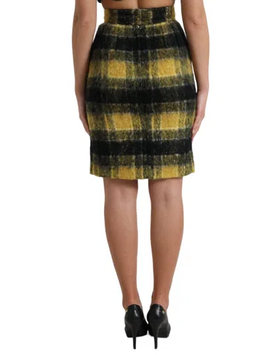 Dolce & Gabbana Yellow Black Brushed Checked Wool Pencil Cut Skirt In Yellow