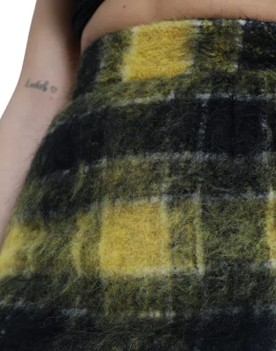 Dolce & Gabbana Yellow Black Brushed Checked Wool Pencil Cut Skirt In Yellow