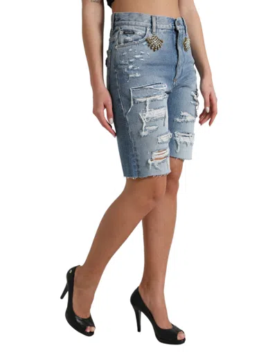 Dolce & Gabbana Blue Tattered Embellished Bermuda Shorts In Blue